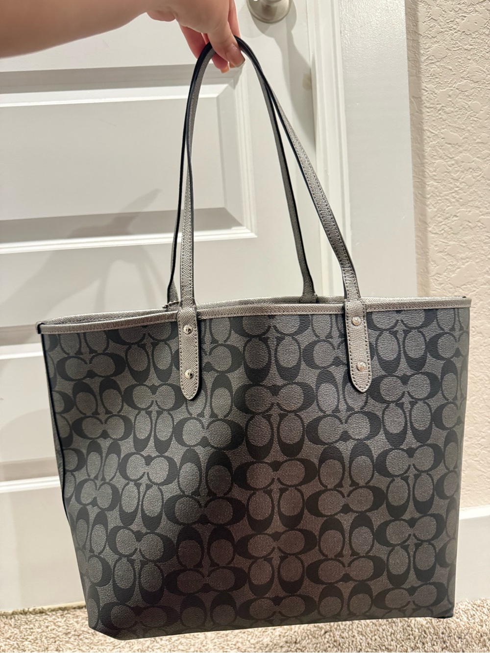 Reversible Coach Metallic Black & Gray Signature Tote